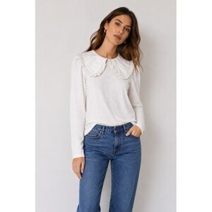 Nation LTD Womens Peter Pan Collar Long Sleeve Top XS Ivory Minimalist Layer